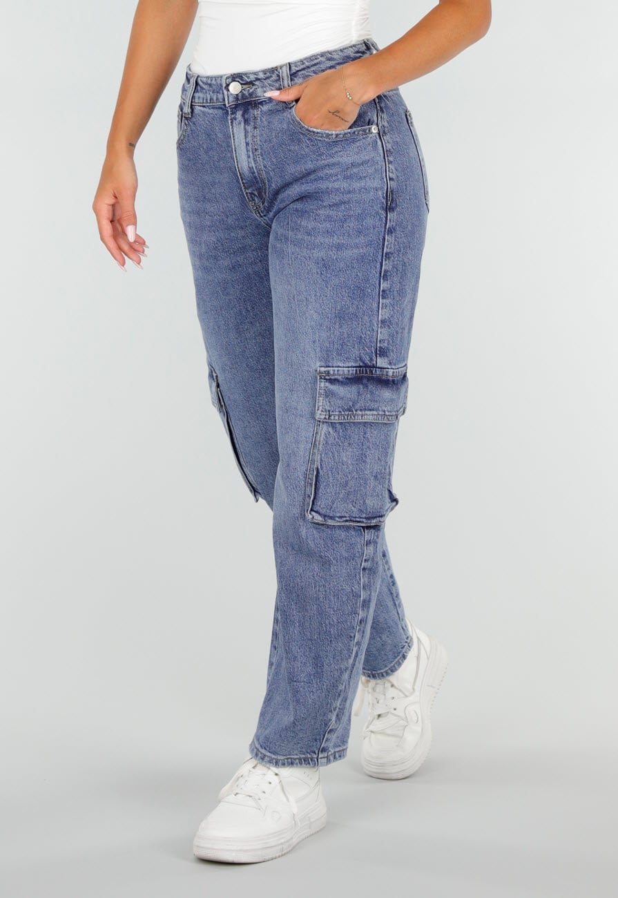 Blauwe Denim Barrel Cargo Jeans met Zijzakken