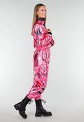 Roze Metallic Astronaut Jumpsuit met Patches, Zwarte Accenten en Elastische Manchetten