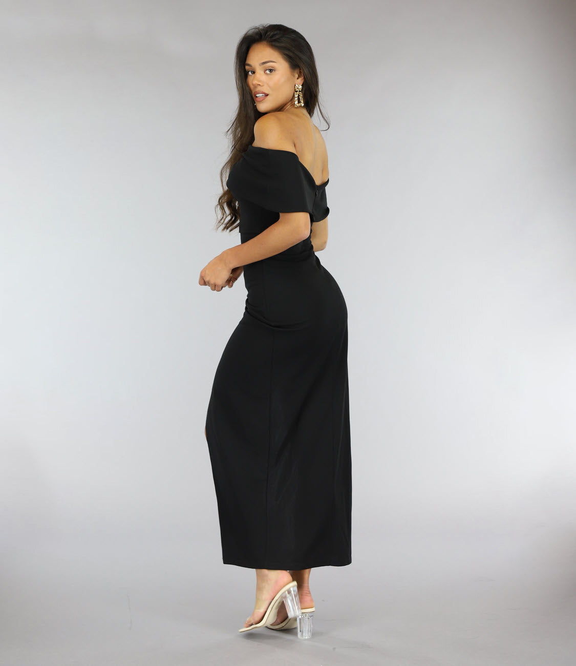 Lange Zwarte Off Shoulder Galajurk met Split