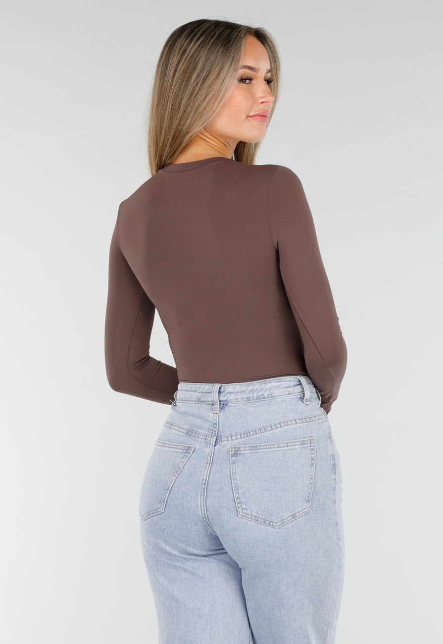 Bruine String Bodysuit met Lange Mouwen en Stretch