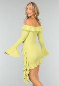 Limoen Groene Off Shoulder Ruffle Jurk