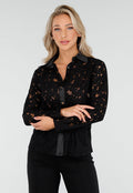 Zwarte Kanten Blouse met Satijnen Details en Lange Mouwen