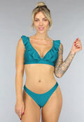 Shimmer Petrol Bikini Top met Ruffles