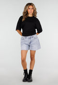Zwarte Oversized Top met Halflange Mouwen en Ronde Hals