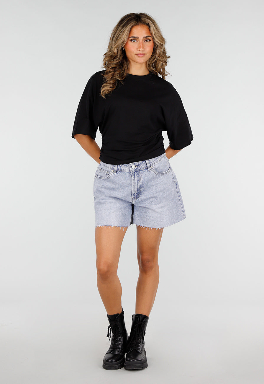 Zwarte Oversized Top met Halflange Mouwen en Ronde Hals