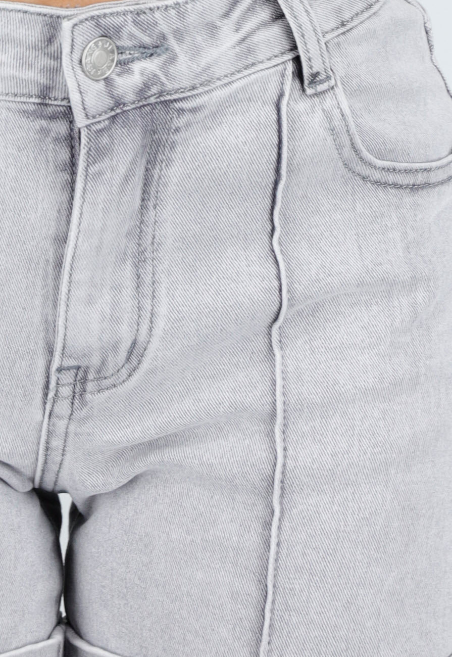 Grijze Denim Shorts met Omgeslagen Zoom en High Waist