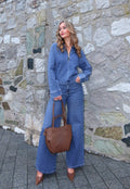 Redial Jeans  Denim Top met Halve Rits en Opstaande Kraag in Blauw