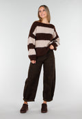 Gestreepte Fluffy Trui in Bruin en Beige met Losvallende Pasvorm