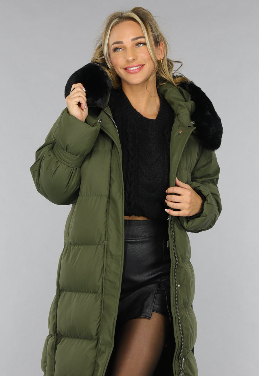 Donkergroene Oversized Puffer Jas met Bontkraag