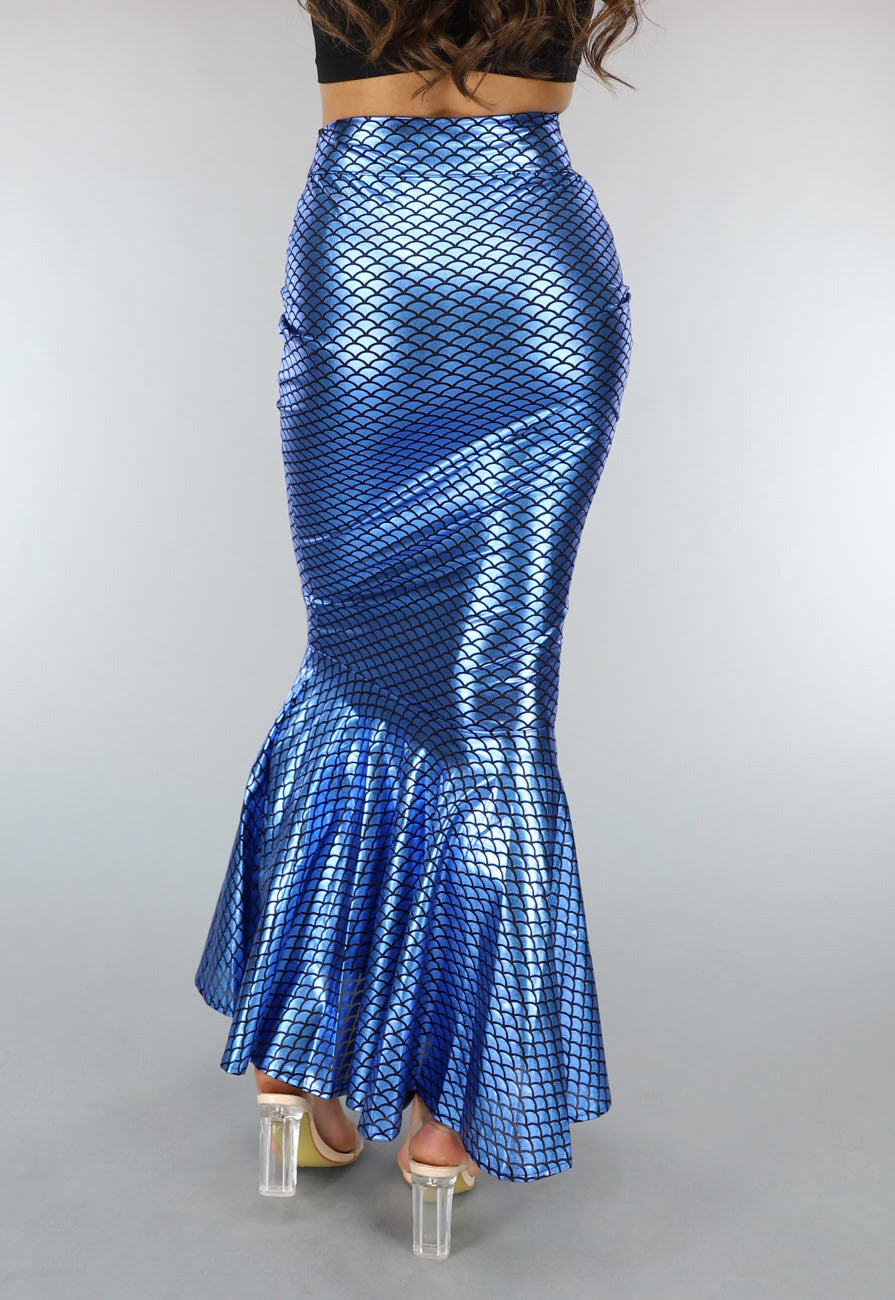 Metallic Blauwe Zeemeermin Schubben Rok