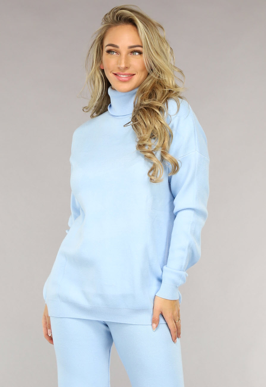 Babyblauwe Gebreide Co Ord Set met Col