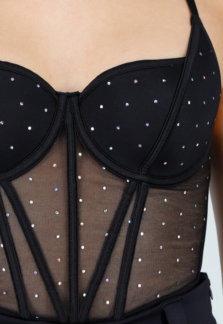 Zwarte Mesh Corset Top met Steentjes en Beugelcups