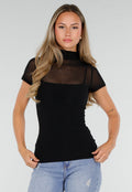 Zwarte Mesh Top met Hoge Hals en Pads
