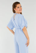 Lichtblauwe Jumpsuit met Wijde Pijpen en Lage V-Hals in Linnenlook