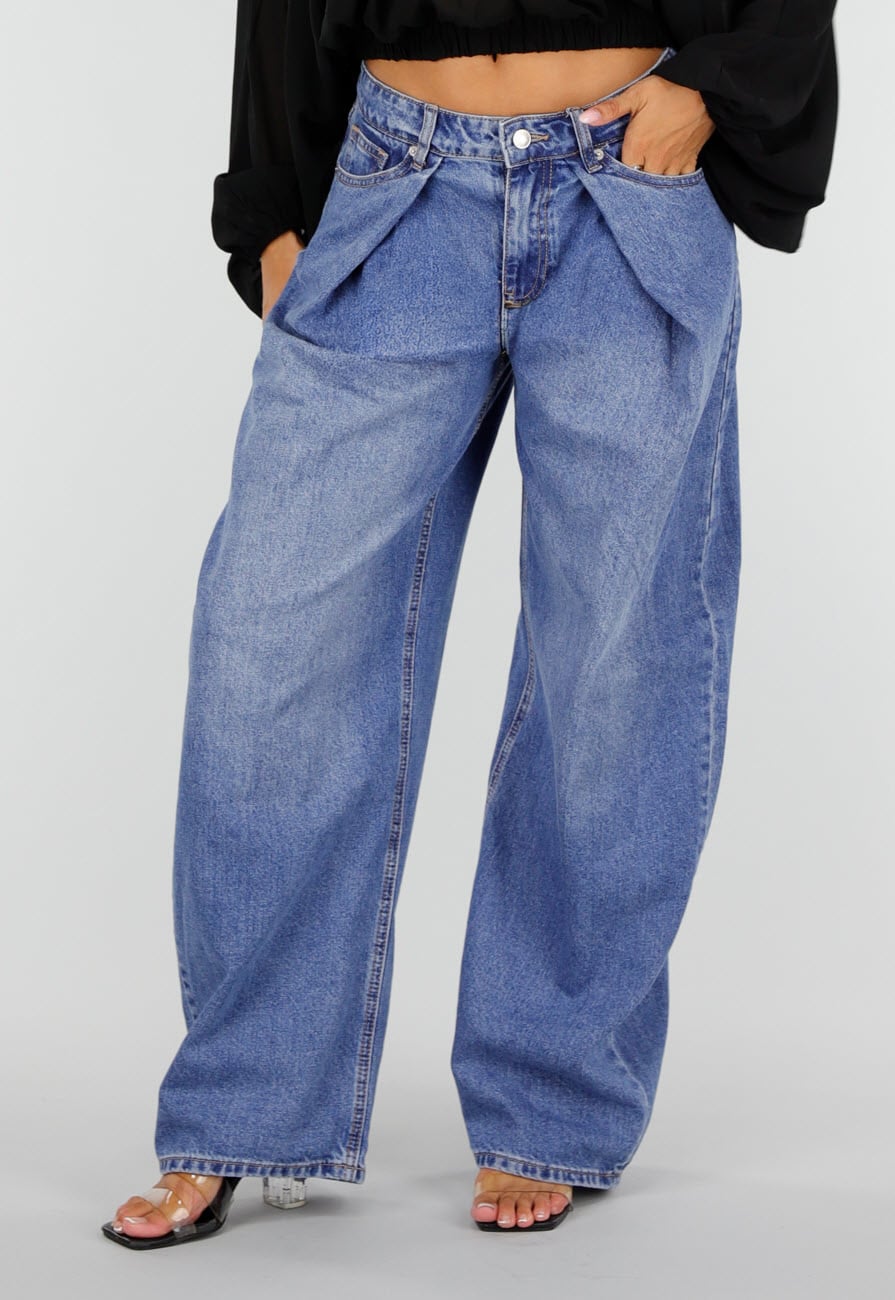 Blauwe Barrel Jeans met Plooidetails en Wijde Pijpen