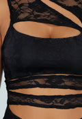 Zwarte Kanten Playsuit met Cut-Outs, Stretch en Gevoerde Delen
