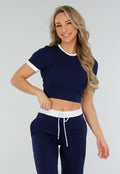 Navy Two Piece Set met Lange Broek en Korte Top met Colorblockingdetails