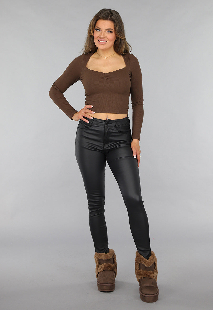 Bruine Ribstof Top met Scrunch Hals