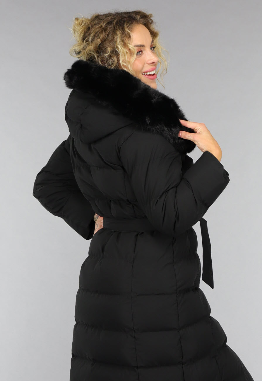 Zwarte Lange Pufferjacket met Bontkraag