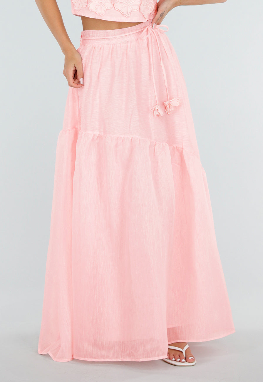 Lichtroze Maxi Rok met Strikceintuur en Volant