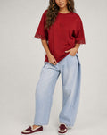 Rood Oversized T-Shirt met Kantmouwen en Borduring