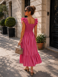 Roze Gestreepte Midi Jurk met Smockdetail en Ruffle Mouwen