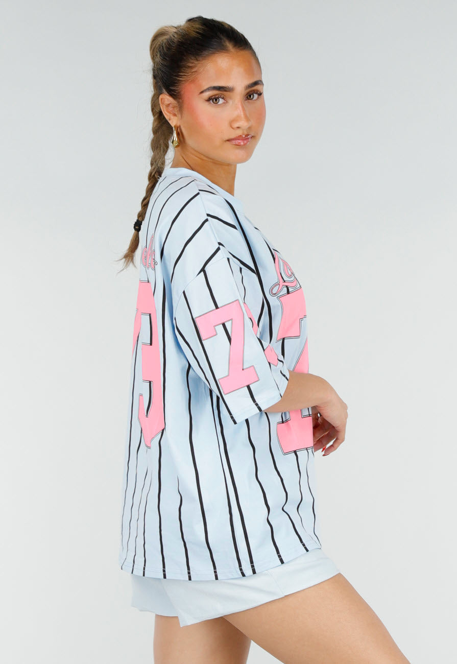 Oversized Lichtblauw Jersey Shirt met Roze Print en Strepen