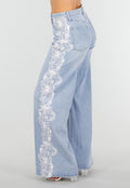 Lichtblauwe Denim Wide Leg Jeans met Kantdetail en Hoge Taille