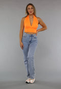 Neon Oranje Halter Top met Strikdetail