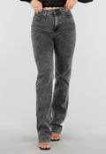 Grijze High Waist Straight Leg Stretch Jeans met Subtiele Wassing