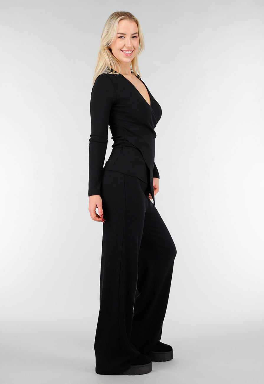 Asymmetrische Zwarte Two Piece Set met Lange Mouwen