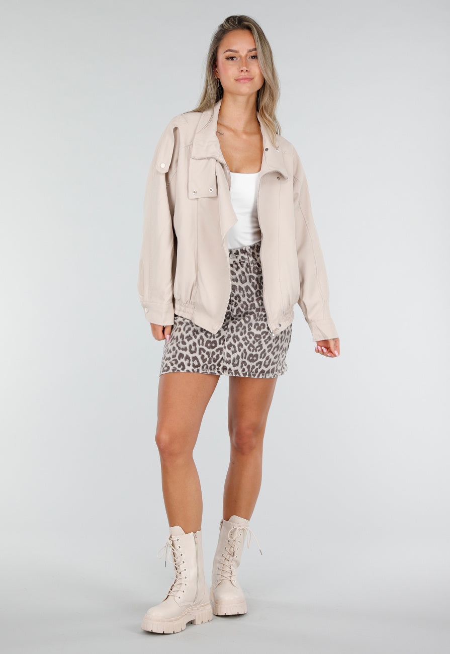 Beige Bikerjack met Opstaande Kraag en Ritssluiting