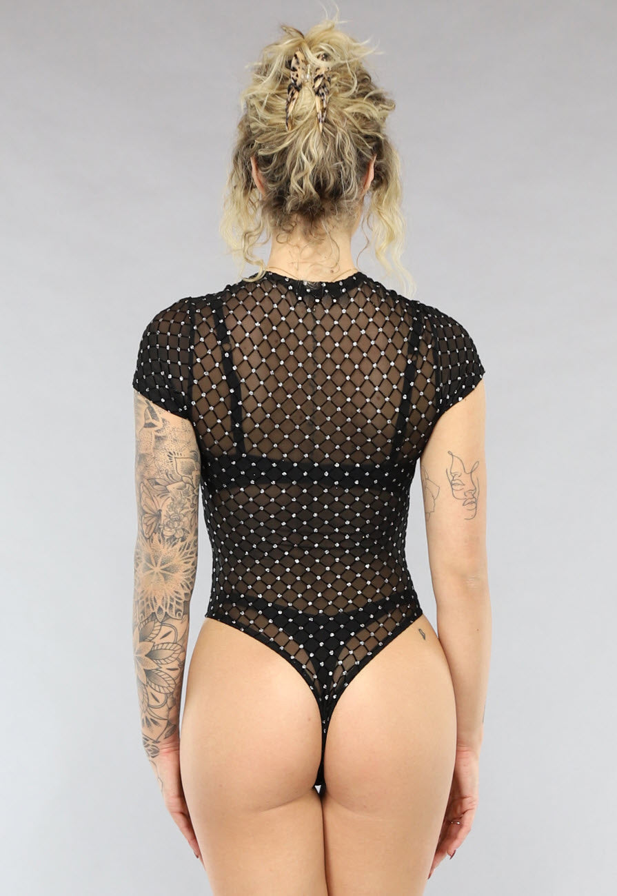 Zwarte See Through Bodysuit met Glitters