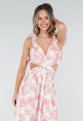 Witte Maxi Jurk met Roze Bloemenprint en Ruches