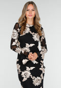 Zwarte Lange Jurk met Stretch en Beige Bloemenprint