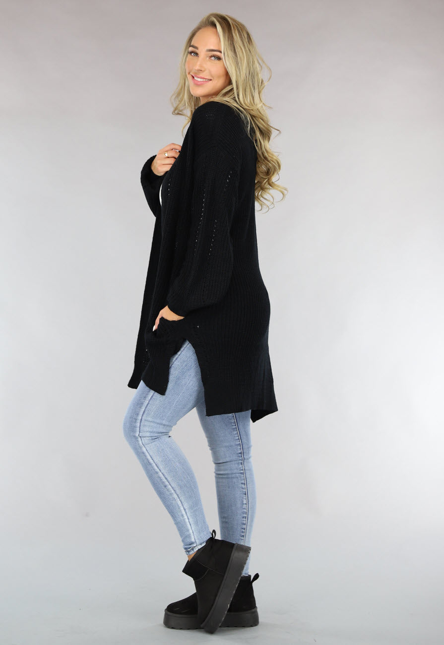 Basic Zwart Gebreid Vest met Zakken