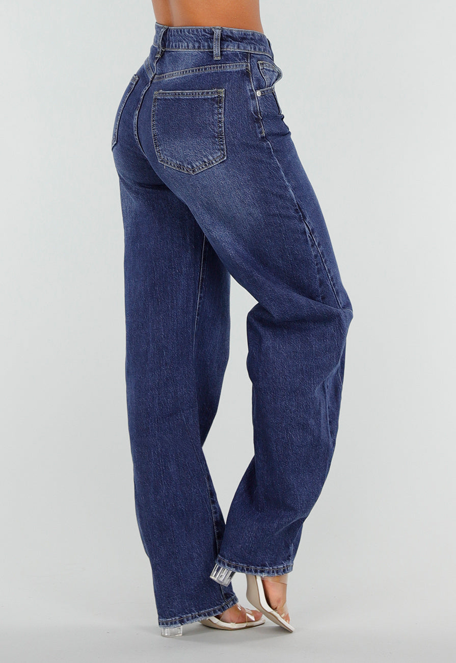 Blauwe Denim Tall Barrel Jeans met Hoge Taille en Lange Pijpen