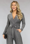Elastische Zilveren Glitter Jumpsuit met Wijde Pijpen