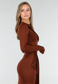 Bruine Asymmetrische Maxi Jurk met Cut Out en Draping