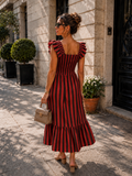 Rood Gestreepte Midi Jurk met Smockdetail en Ruffle Mouwen