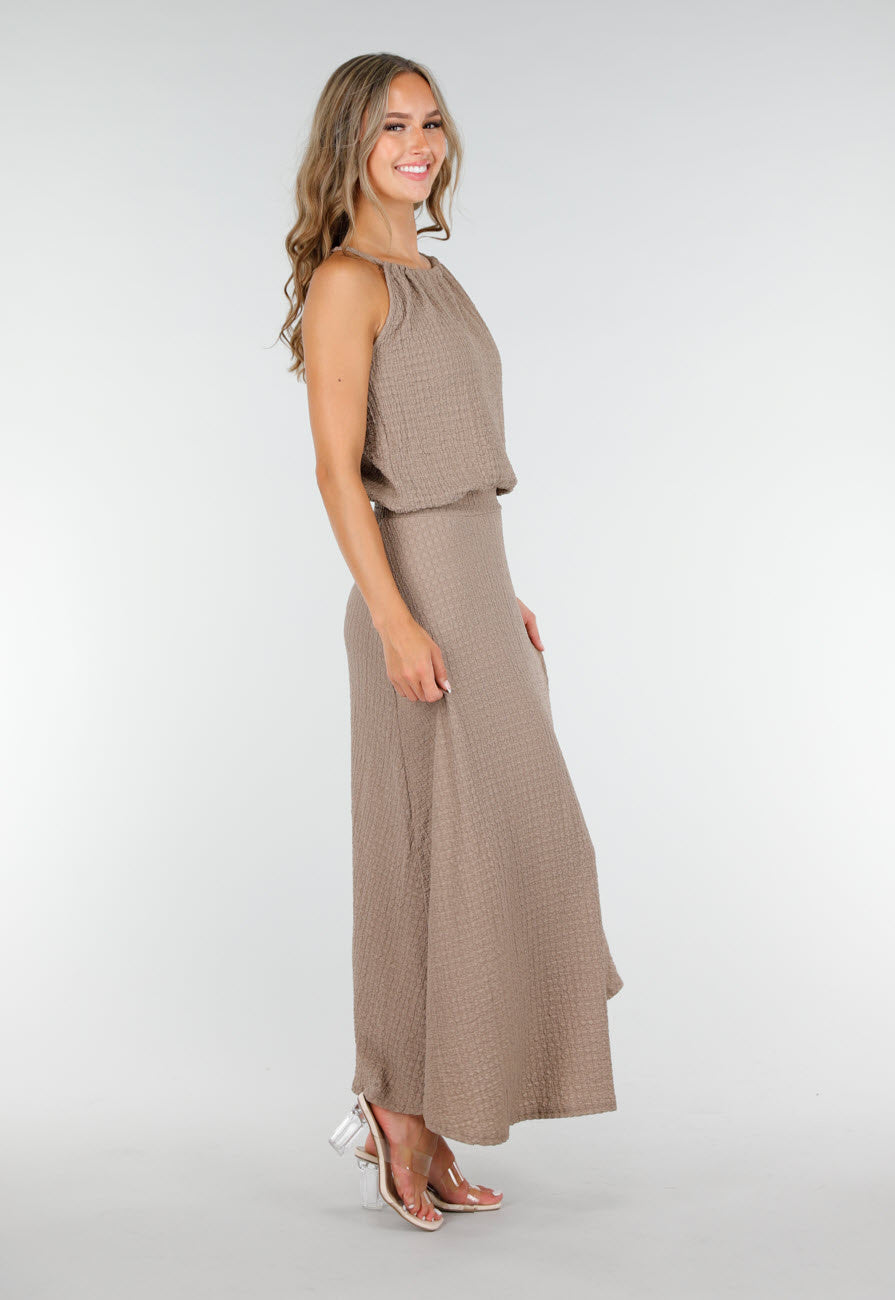 Taupe Set met Hooggesloten Top en Stretch