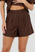 Donkerbruine Plooi Short met Elastische Tailleband
