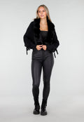 Zwarte Gebreide Cardigan met Faux Fur Kraag en Strikdetails