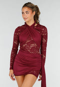 Bordeaux Kant Jurk met Lange Mouwen en Gedrapeerd Detail