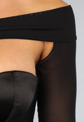 Padded Zwarte One Shoulder Satin Bodysuit met Voorgevormde Cups