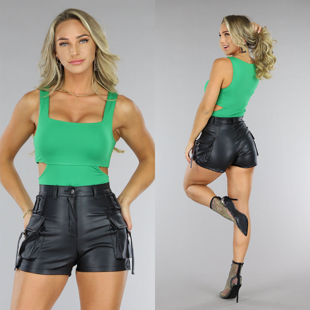 Groene Vierkante Hals Bodysuit met Uitsnede