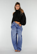 Zwarte Cold Shoulder Crop Top met Col en Lange Ballonmouwen