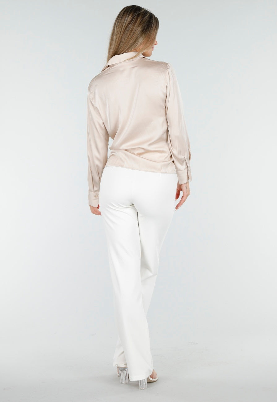 Blouse met Lange Mouwen in Beige Satijn