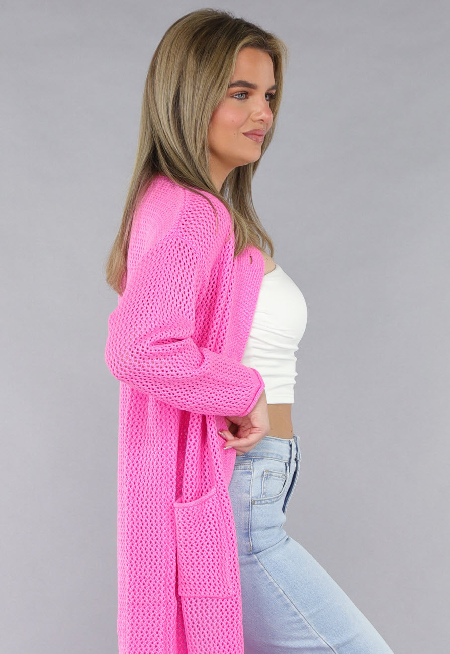 Felroze Oversized Gebreide Cardigan met Gouden Knopen