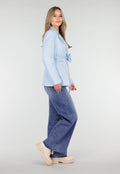 Lichtblauwe Blazer met Tailleceintuur en Stoffen Bloemdetail